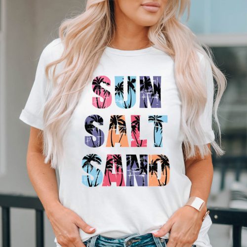 Witte kokosboom T-shirt met afbeelding van zon, zout en zand