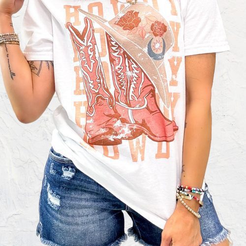 Witte HOWDY Cowboy Boots Graphic T-shirt met ronde hals