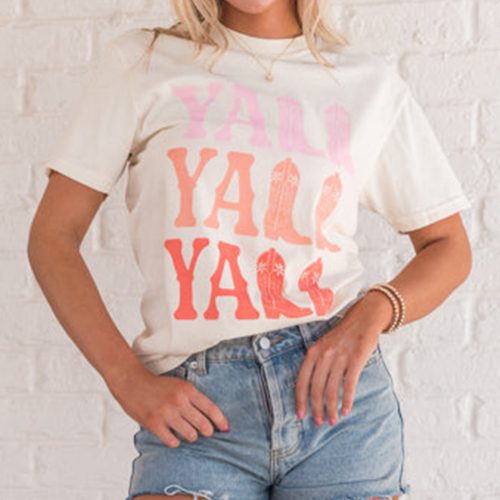 Witte YALL Cowboy Boots Graphic Crewneck T-shirt