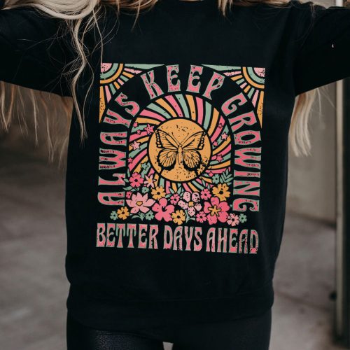 Zwarte Always Keep Growing sweatshirt met bloemen- en vlinderprint