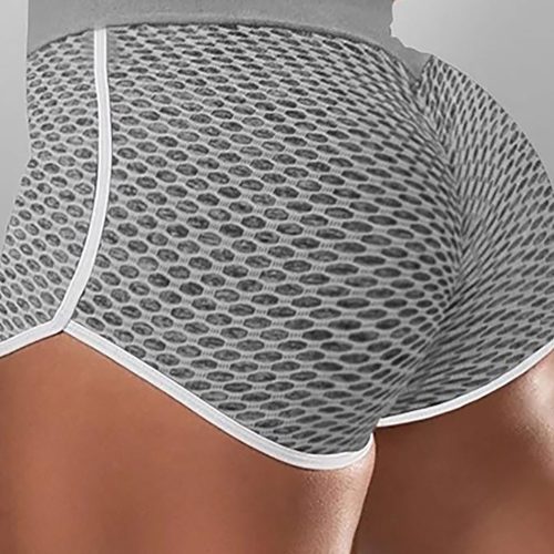 Grijze yoga shorts met hoge taille, honingraatpatroon en contrasterende strepen, die de billen liften.