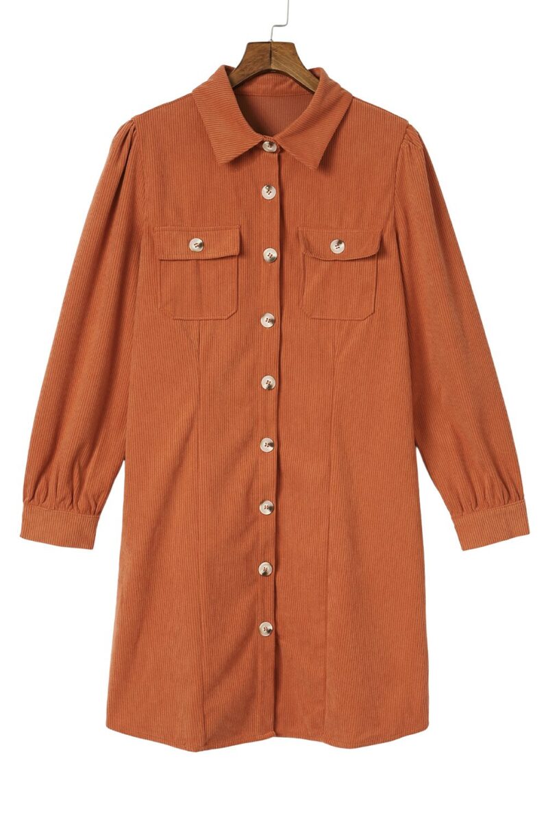 Khaki Corduroy Buttoned Long Sleeve Shirt Dress - TrueKung Fashion
