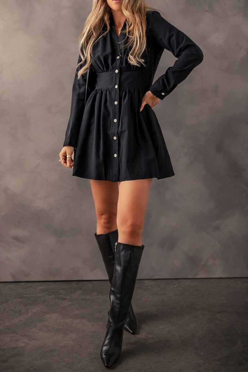 Black Elastic Cinched High Waist Long Sleeve Shirt Mini Dress | TRUEKUNG
