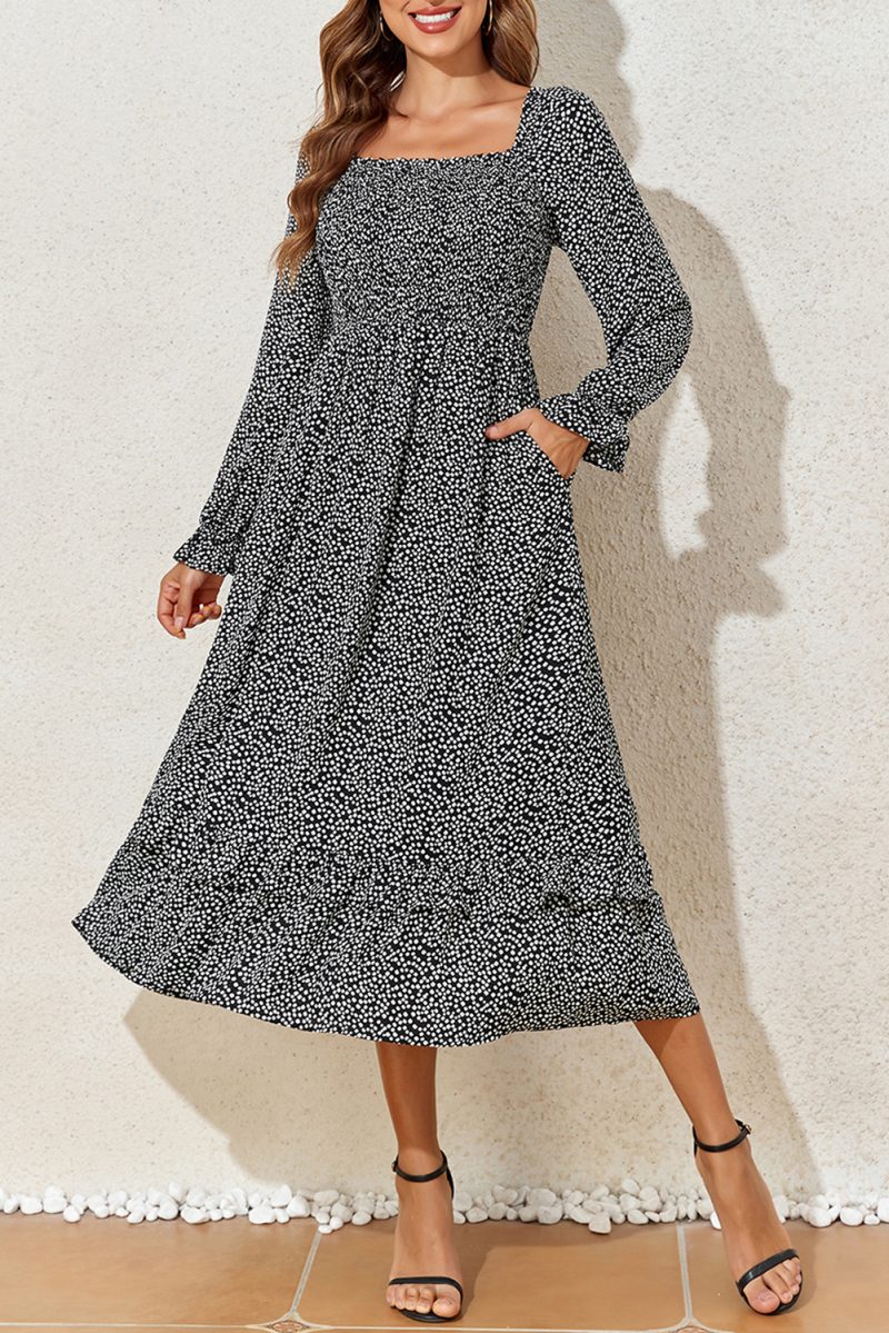 Black Floral Printed Long Sleeve Square Neck Midi Dress - TrueKung Fashion