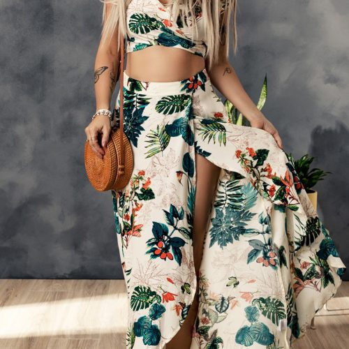 Completo top corto e gonna lunga con stampa tropicale color albicocca