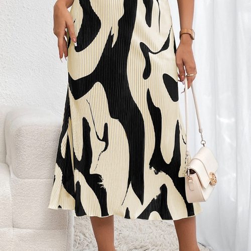 Gonna midi plissettata con stampa geometrica color block nera