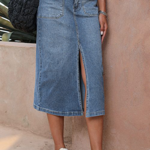Gonna midi in denim con 4 tasche applicate e spacco frontale, colore azzurro cielo