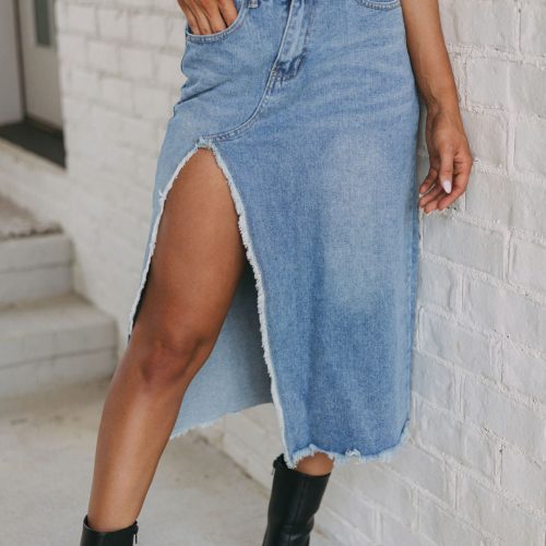 Gonna midi in denim asimmetrica con spacchi sfilacciati, colore azzurro
