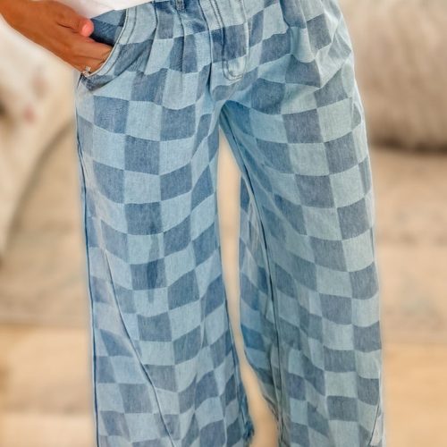 Calça jeans xadrez azul-escuro