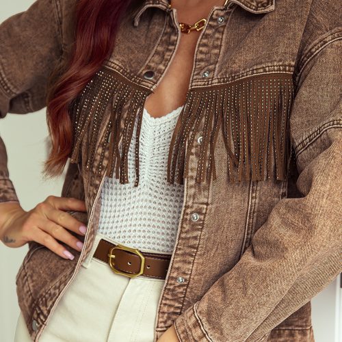 Bruine denim jas met franjes en strasssteentjes in cowgirl-stijl