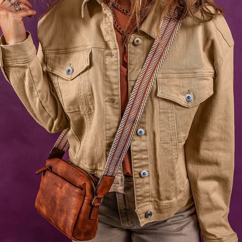 Licht Frans beige effen denim jas met klepzakken en metalen knopen