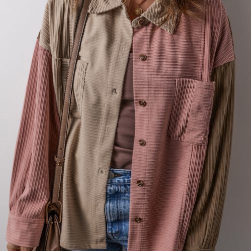 Mineral Red Color Block Borstzakken Corduroy Shacket met knoopsluiting