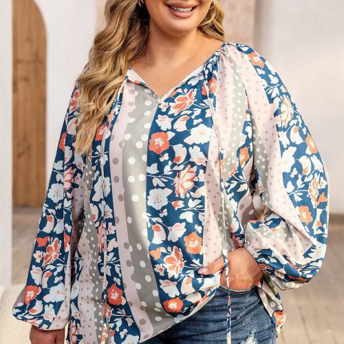 Multicolor blouse met gemengde print en splitkraag, plus size