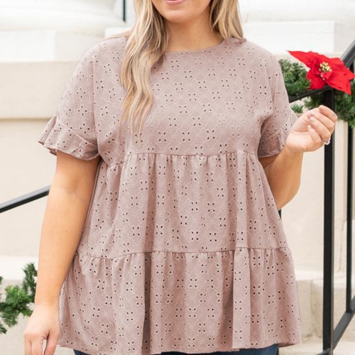 Top babydoll roz cu mâneci și volane, mărime plus