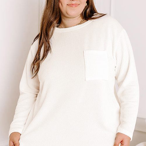 Wit T-shirt met lange mouwen en ribstructuur, plus size