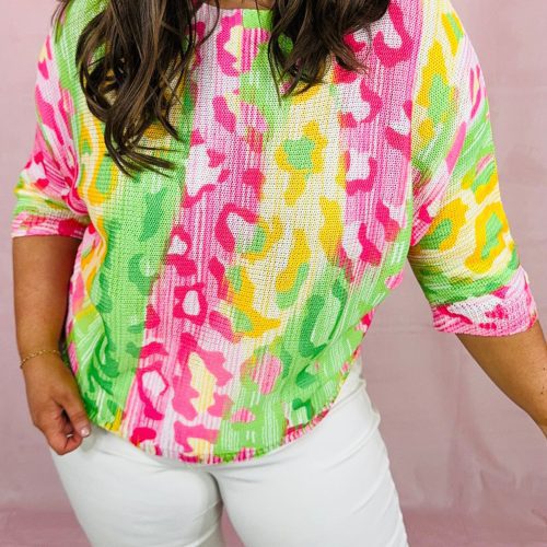 Tricou tricotat cu guler rotund, model leopard multicolor, blocuri de culori, mărime mare