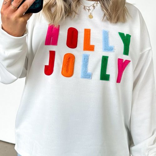 Hanorac alb HOLLY JOLLY cu broderie din chenilă, mărime mare