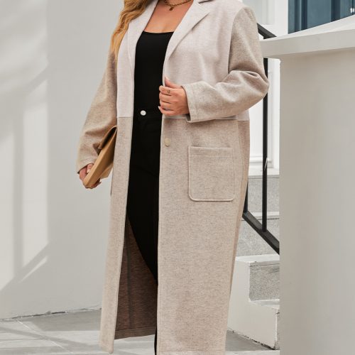 Khaki lange jas met kleurblokken en reverskraag, plus size