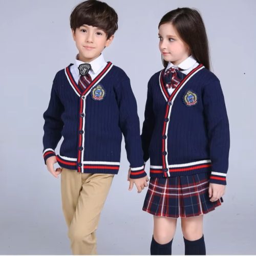 Traje de uniforme escolar primario de punto para niño azul marino de otoño