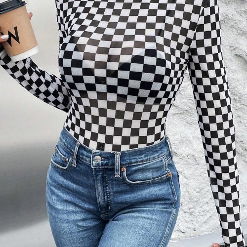 Zwarte bodysuit met lange mouwen en hoge hals, geruite print