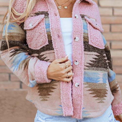 Giacca da uomo con stampa azteca rosa in Sherpa e bottoni, tasca con patta