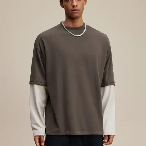 Bluza dwuczęściowa unisex 320G z blokami kolorów i imitacją materiału – oversize'owy sweter z długim rękawem w stylu streetwear
