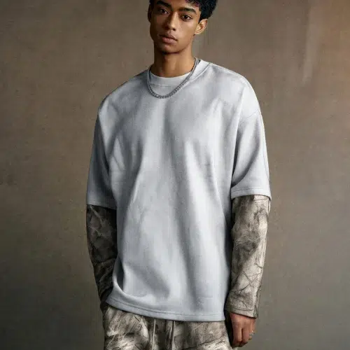 340G Branch Camouflage gelaagd T-shirt met lange mouwen | Oversized nep tweedelig streetwear-top