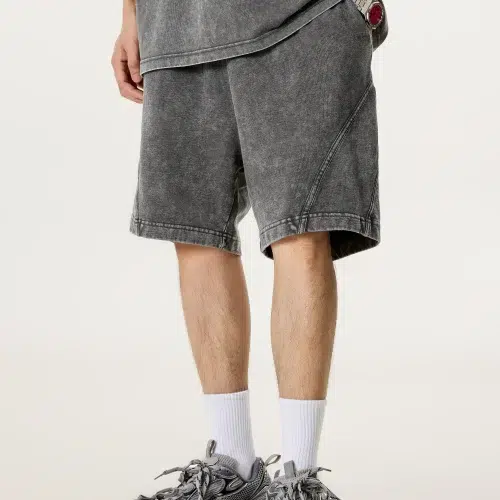 Pantalones cortos deportivos lavados con estampado de copos de nieve para hombre, 330 g