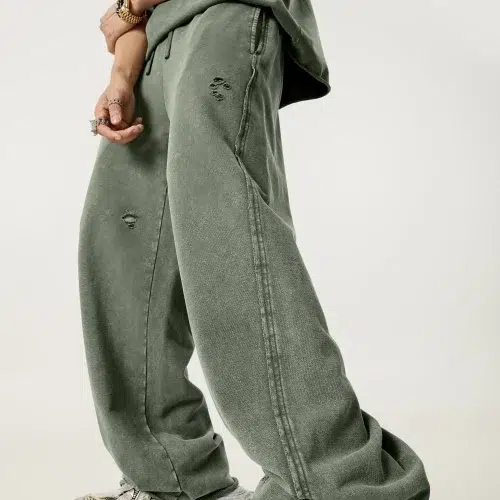 Herrbyxor i slitet tvättat vintage-tyg, 370 g/m² – Stora streetwear-joggingbyxor