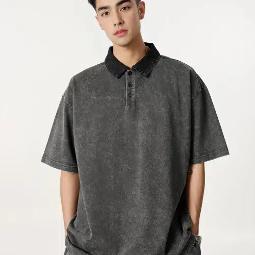 Pánské volné polo tričko s vintage vzorem, seprané, 285 g/m² – 100% bavlna