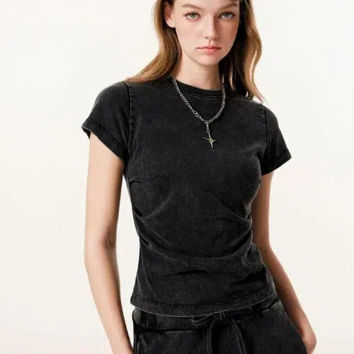 Dames T-shirt met plooien en gerimpelde details – 285 g zwaar katoen, geplooid met lint.