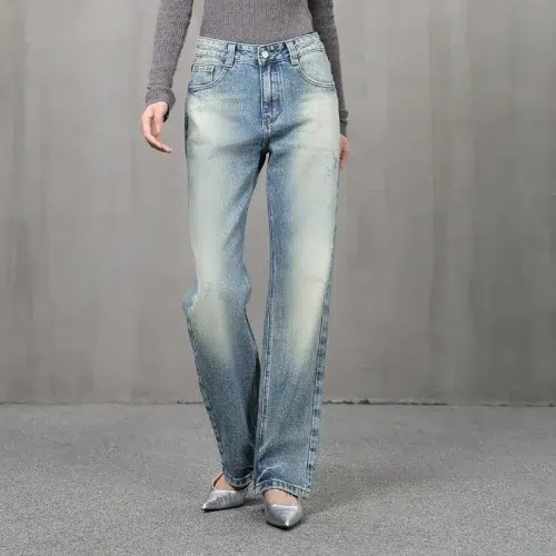 Calça jeans feminina azul clara de corte reto – Calça jeans vintage desbotada de cintura alta