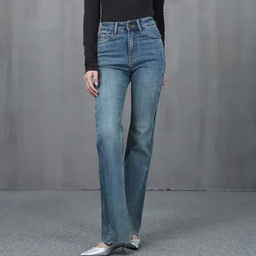 Dames jeans met bootcut model en hoge stretch – Slim-fit model met hoge taille, blauwe denim broek