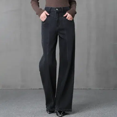 Dames zwarte jeans met wijde pijpen – Rechte denim broek met hoge taille (klassieker voor alle seizoenen)
