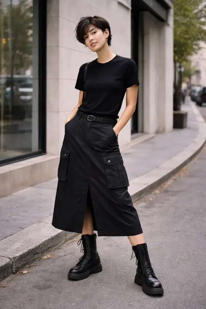 gotický divošský outfit, černá cargo sukně gotický divošský outfit, černá cargo sukně