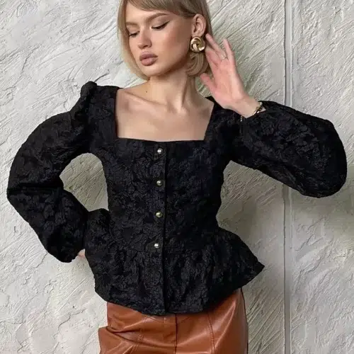 Női Jacquard Puffos Ujjú Peplum Blúz – Négyzetes Nyakkal, Gombos Elülső Felső
