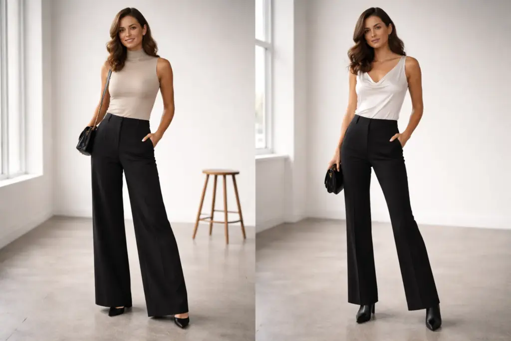 tenue pantalon noir à jambes larges