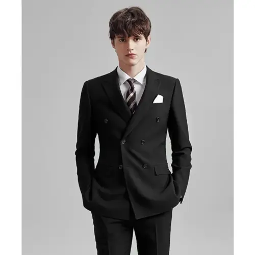 Completo da uomo doppiopetto 3 pezzi – Abito in poliestere elasticizzato slim fit (blu navy/nero)