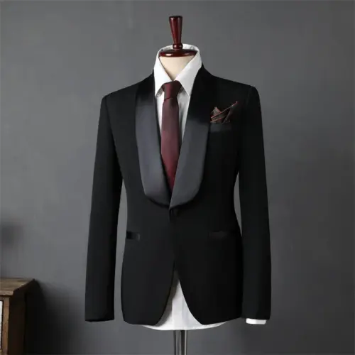 Costum bărbătesc negru de smoking – sacou slim fit din satin cu rever șal