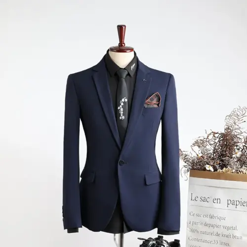 Set costum business bărbătesc slim fit – rever crestat elastic din poli-vâscoză (negru/gri)