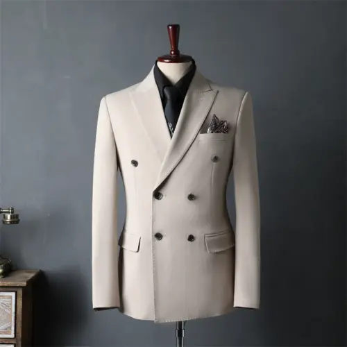 Kakifarvet dobbeltradet jakkesæt til mænd – italiensk slim fit stretch poly-viskose (peak lapel)
