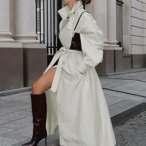 Trench lungo da donna – Capospalla doppiopetto con cintura