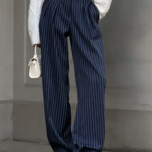 Damesbroek met krijtstreep en wijde pijpen – Broek met hoge taille en elastische tailleband