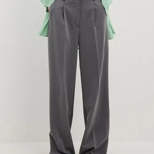 Grijze damesbroek met hoge taille en wijde pijpen, geplooide pantalon