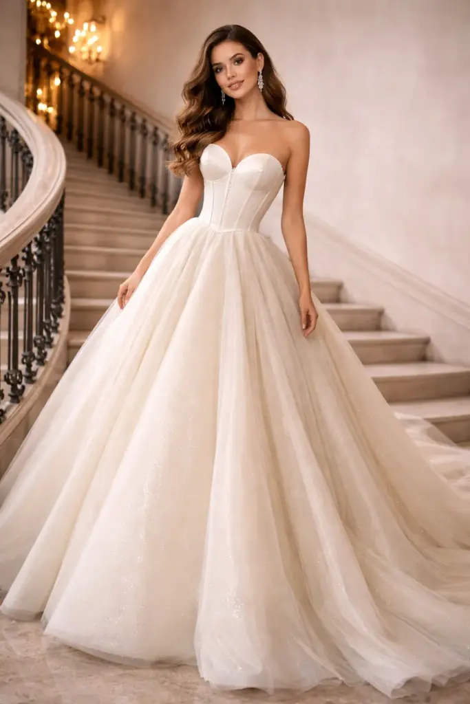 Vestido de baile dourado metálico com corpete ajustado.