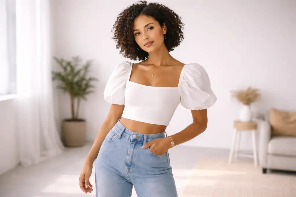 top cropped com mangas bufantes