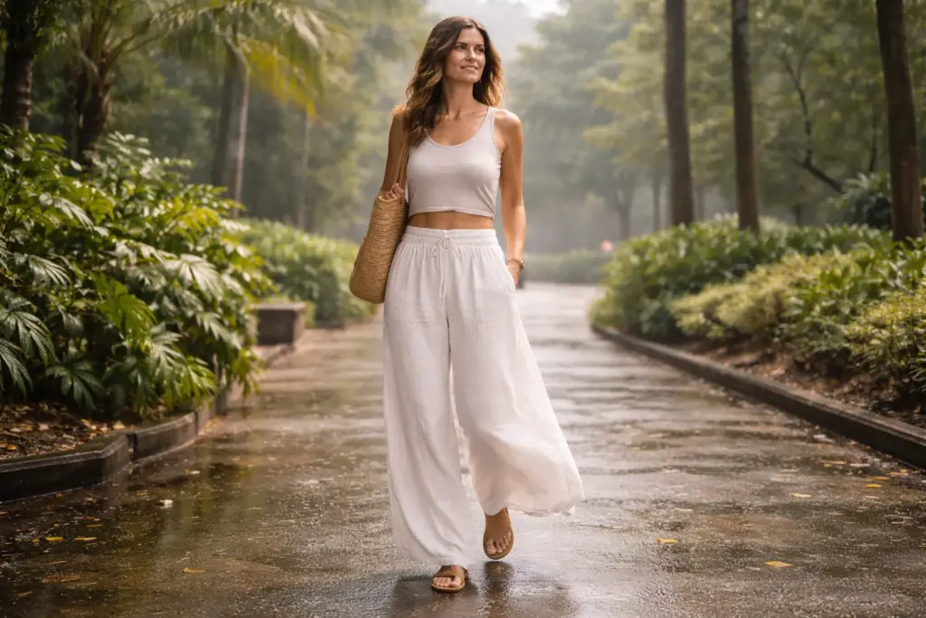 Linen pants fit and drape example