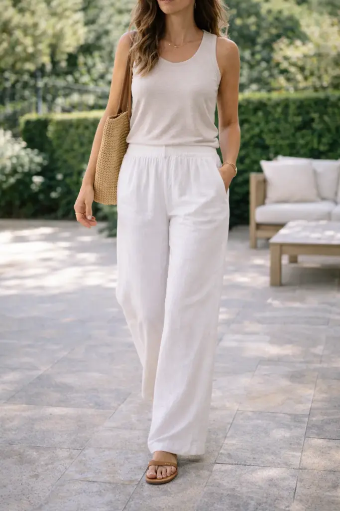 Relaxed linen pants with sandals
