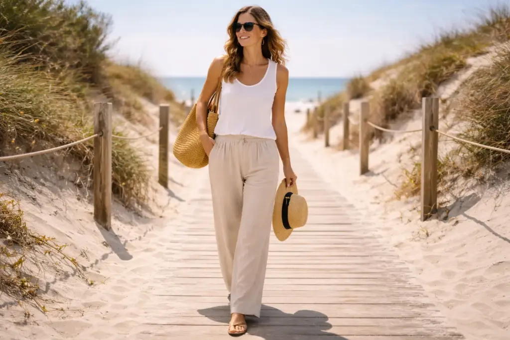 High-waist linen trousers summer look