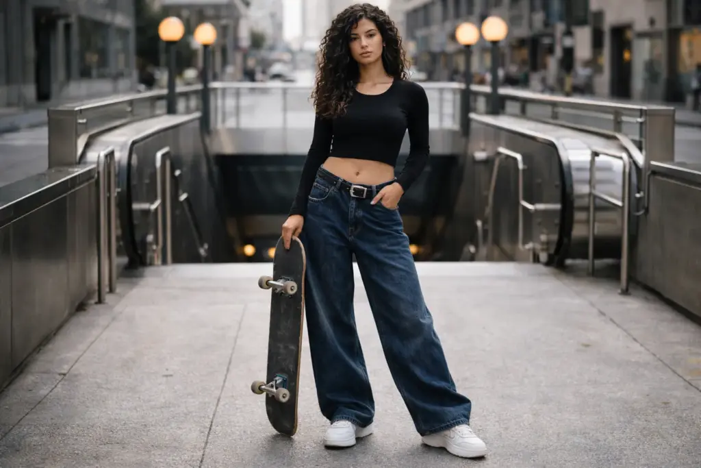 Loose fit baggy jeans with sneakers